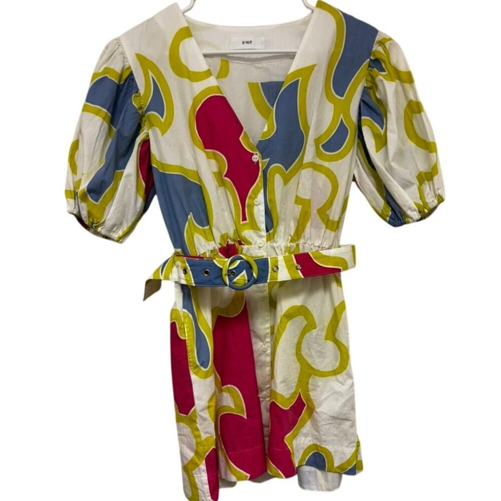 S/W/F Puff Sleeve Belted Mini Dress Size Small Blue Pink